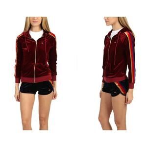 (XL) Aviator Nation Classic Velvet‎ Zip Rainbow Stripe Sleeve Hoodie in Wine